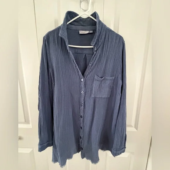 Belle by Kim Gravel Blue Button Down Gauze Shirt - Picture 1 of 5